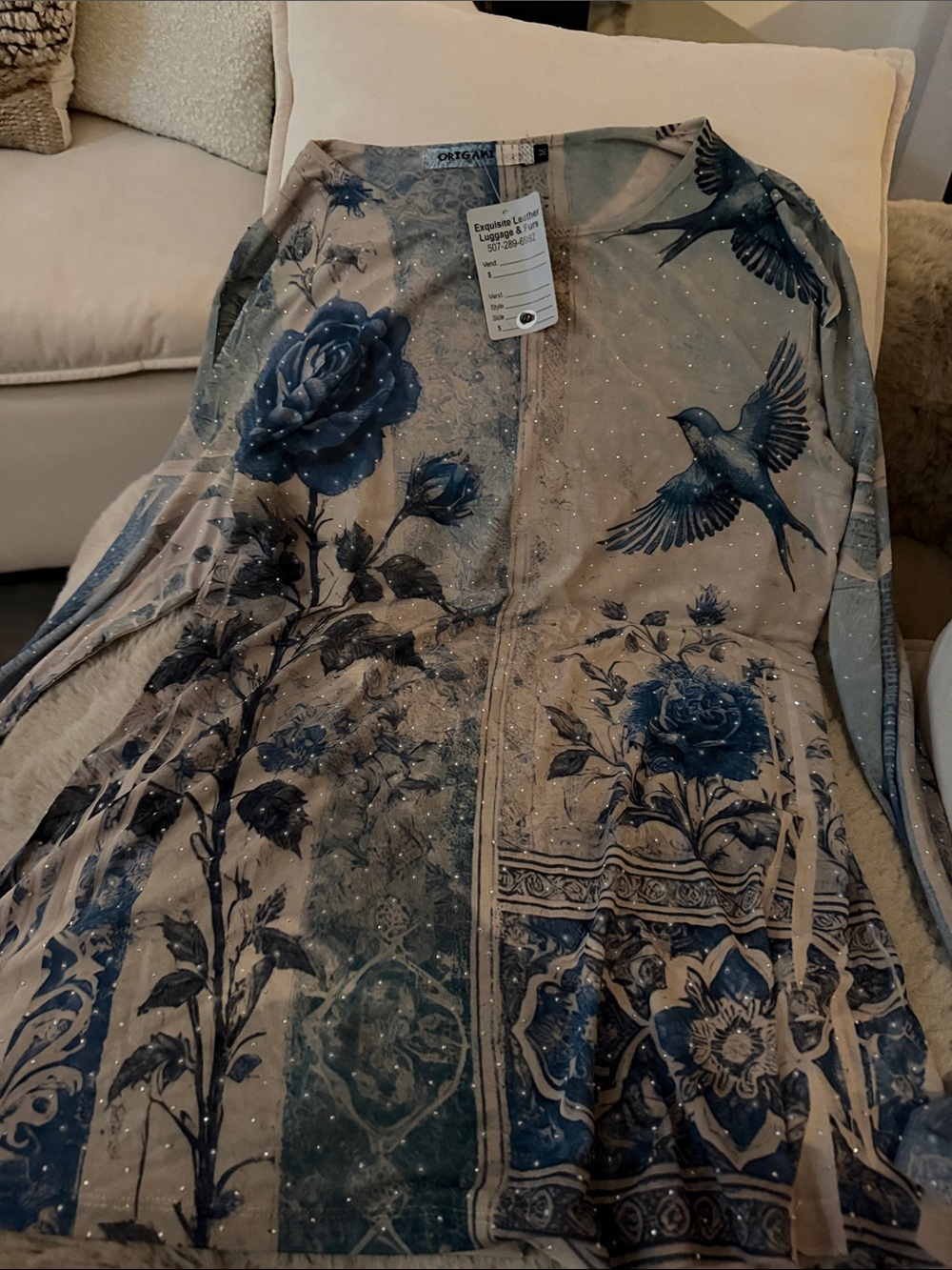 Beige & Blue Floral-Print Lightweight Blazer Jacket